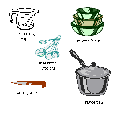 measuring cups, measuring spoons, mixing bowl, paring knife, sauce pan